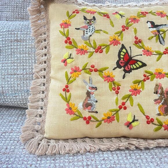 Vintage Crewel Embroidered Throw Pillow, Woodland Needlepoint - Picture 2 of 10